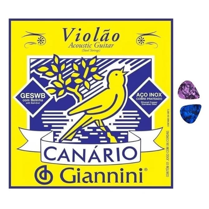 Encordoamento Cordas para Violão Aço Canário Giannini Com Bolinha GESWB + 2 Palhetas