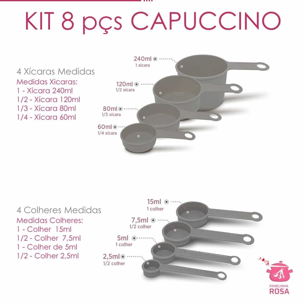 conjunto de medidas e Medidores xicaras e colheres cappuccino  - 8 peças confeitaria