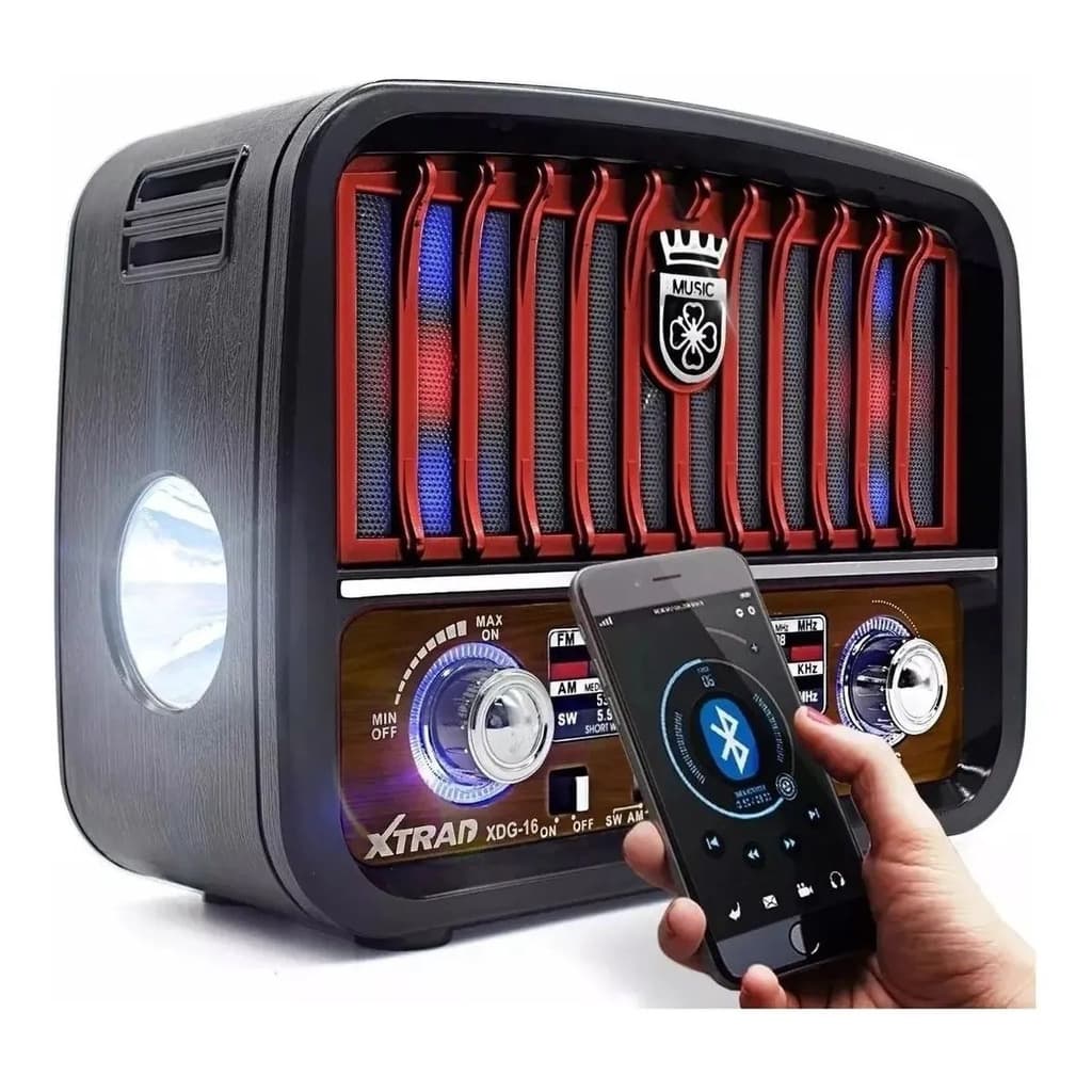 Rádio Retrô Portátil Vintage Bluetooth Fm Am Sw Usb P2 Sd Recarregável com Lanterna XDG-16 XTRAD