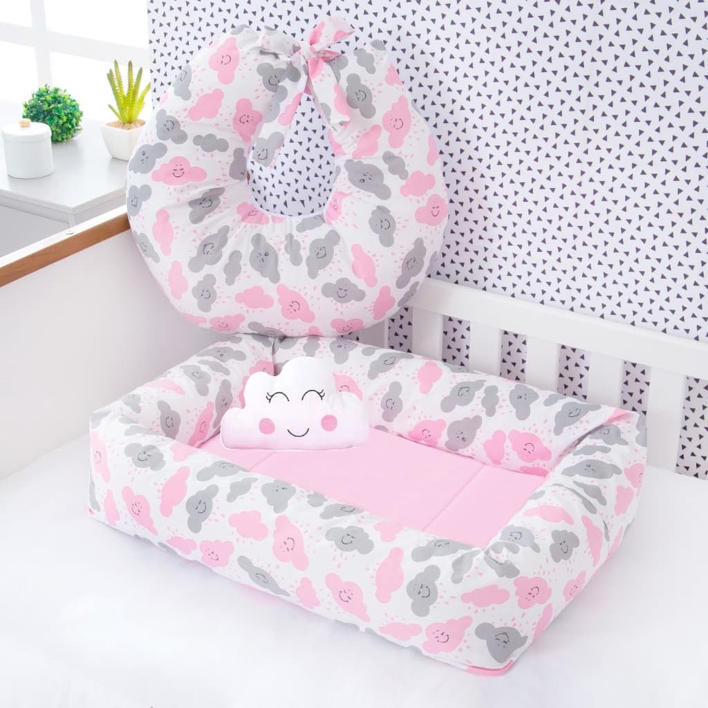 Ninho Redutor De Berço + Almofada Amamentar Chuva De Amor Estrela Rosa