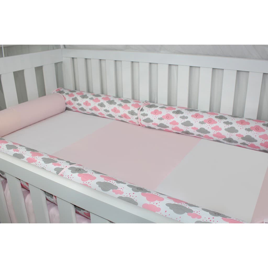 Kit Rolinho Berço Nuvem Rosa Protetor 06 Peças Menina
