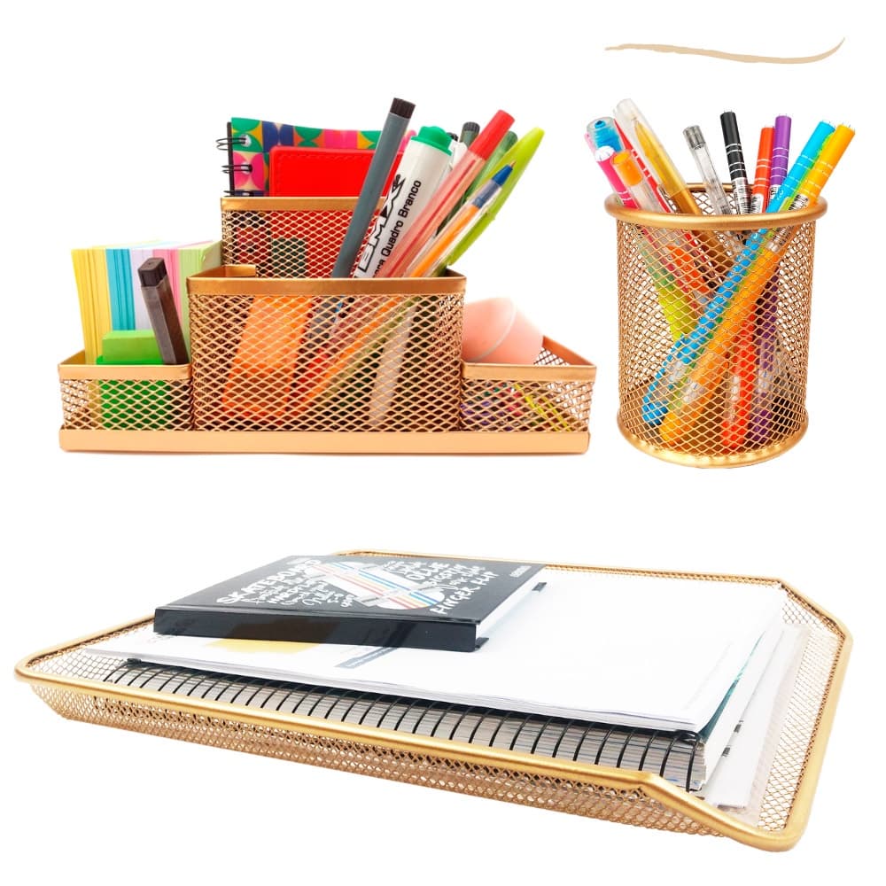 Kit Escritório Porta Caneta, Organizador de Mesa, Bandeja Organizadora Dourado
