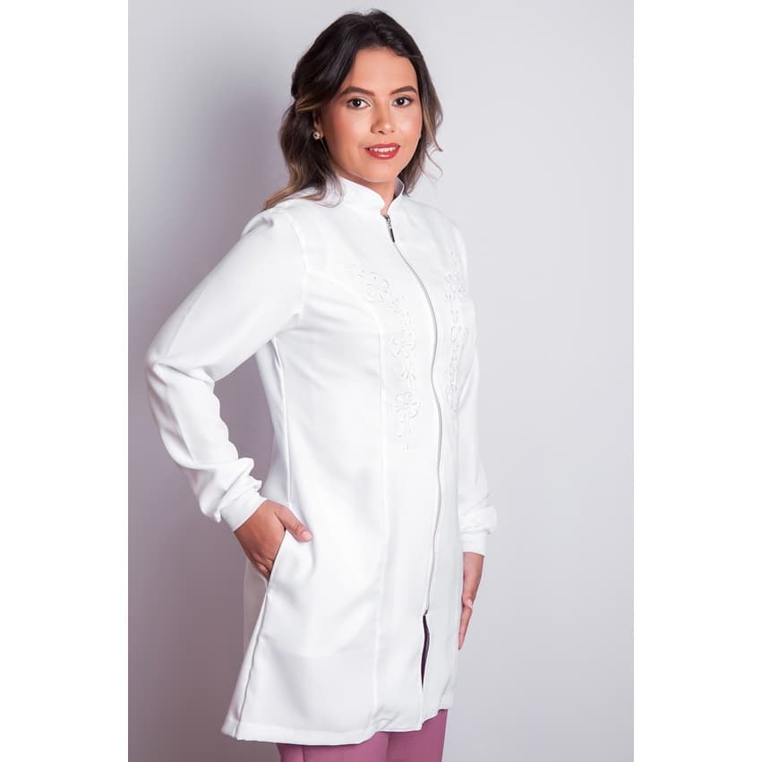 Jaleco Acenturado Feminino Branco Bordado Tecido Microfibra ref:011