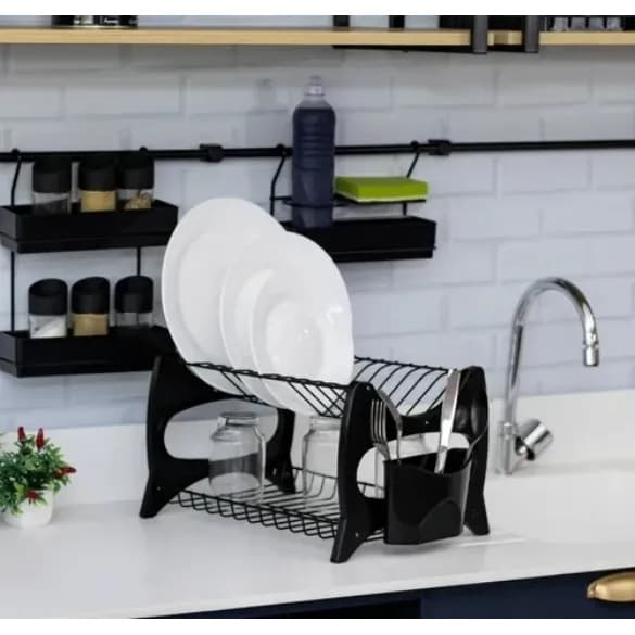 Escorredor de louças duplo para cozinha com porta talheres