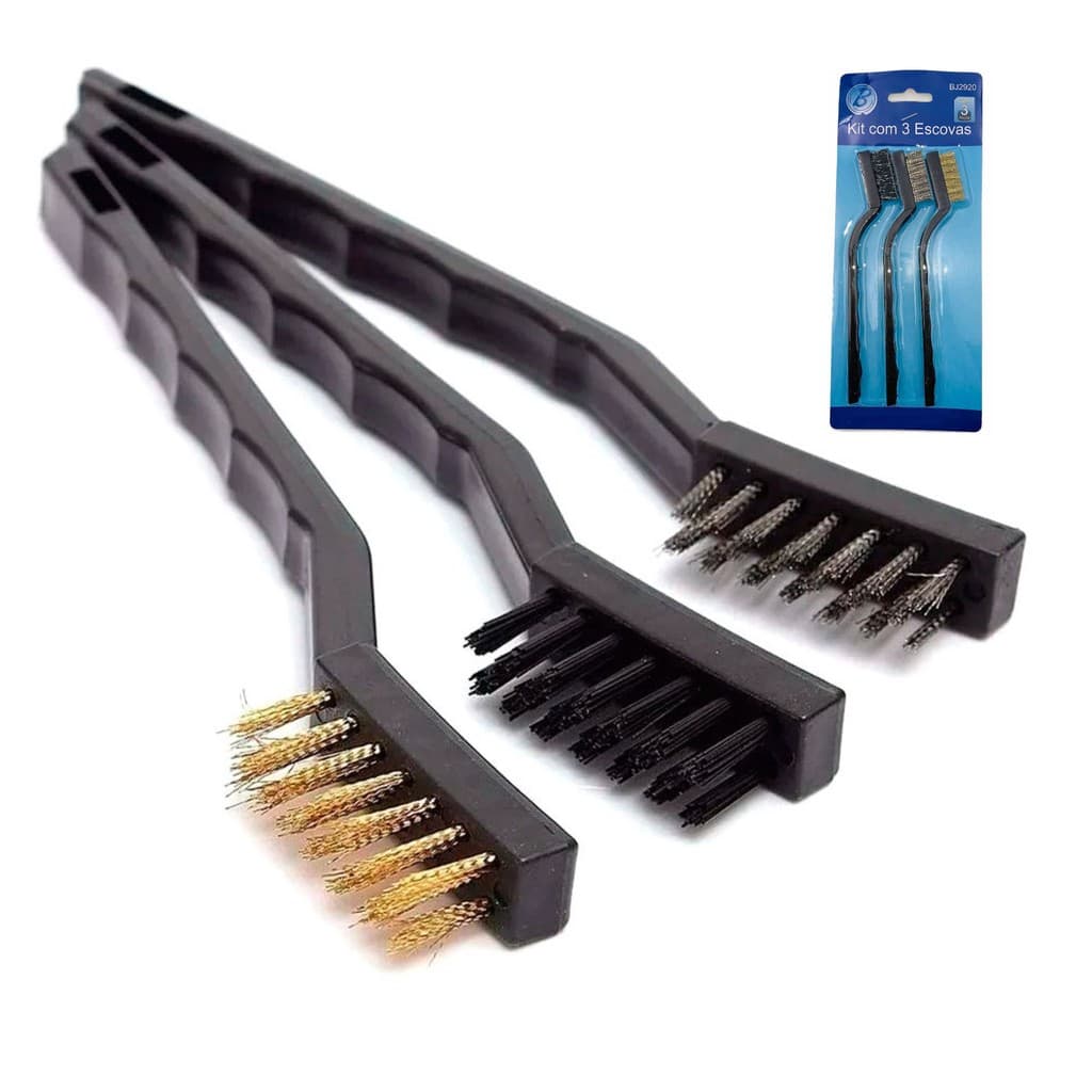Escovas de Aço Multiuso Kit 3 Pcs Aço Latão Nylon Cabo Plástico