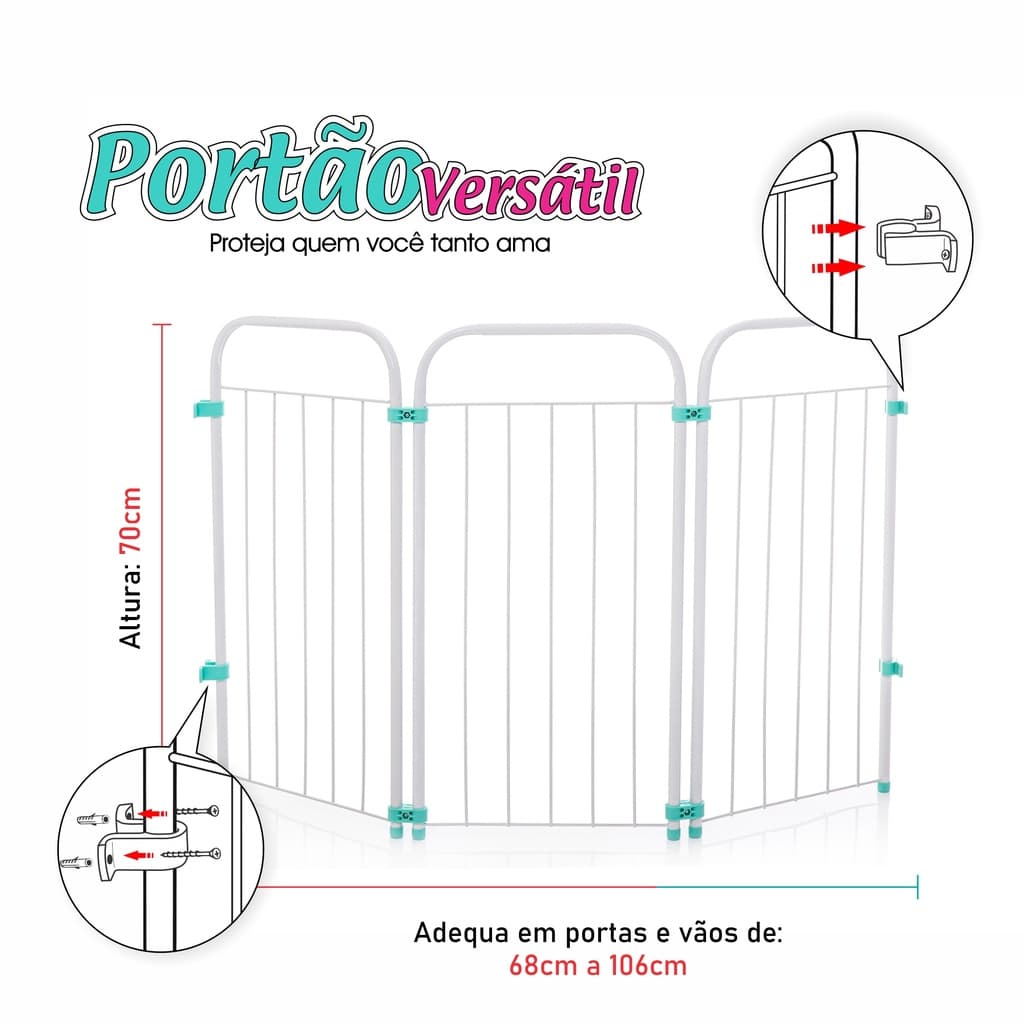 Portão Versátil Grade de 68 a 106cm Cercadinho Pet e Kids