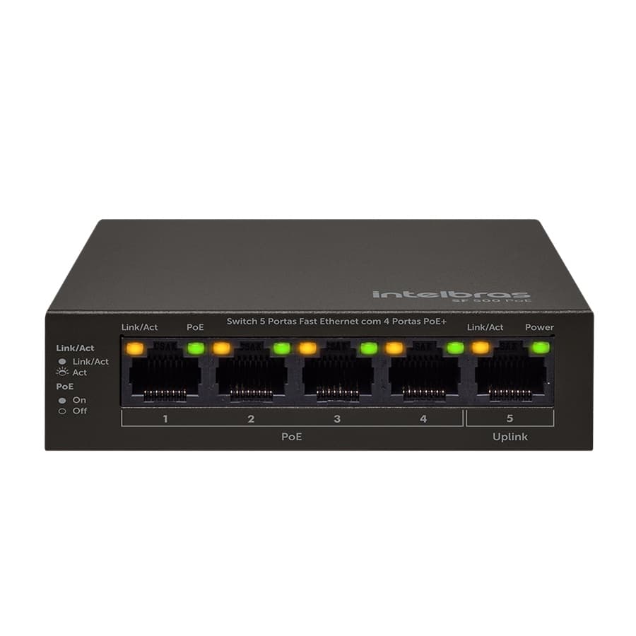 Switch Intelbras SF 500 PoE+ 5 Portas Fast Ethernet 4 Portas PoE Câmeras IP Telefones IP