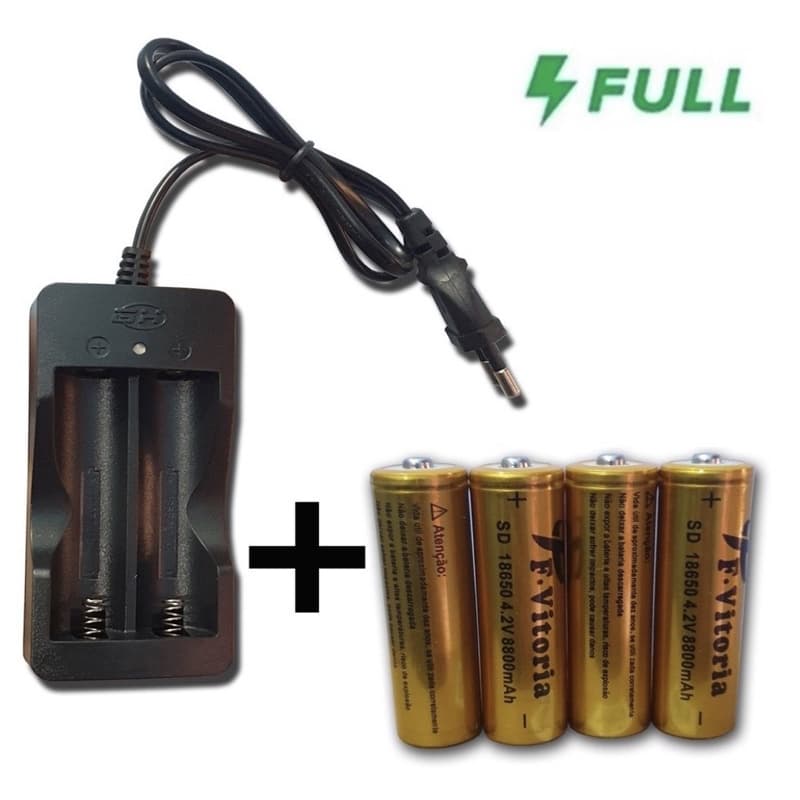 KIT Carregador De Bateria Recarregável + Baterias Para Lanterna Farol