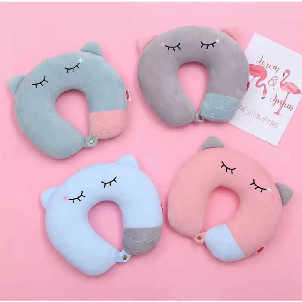 Almofada de pescoço para viagem com orelha de gato e estampa de cilios