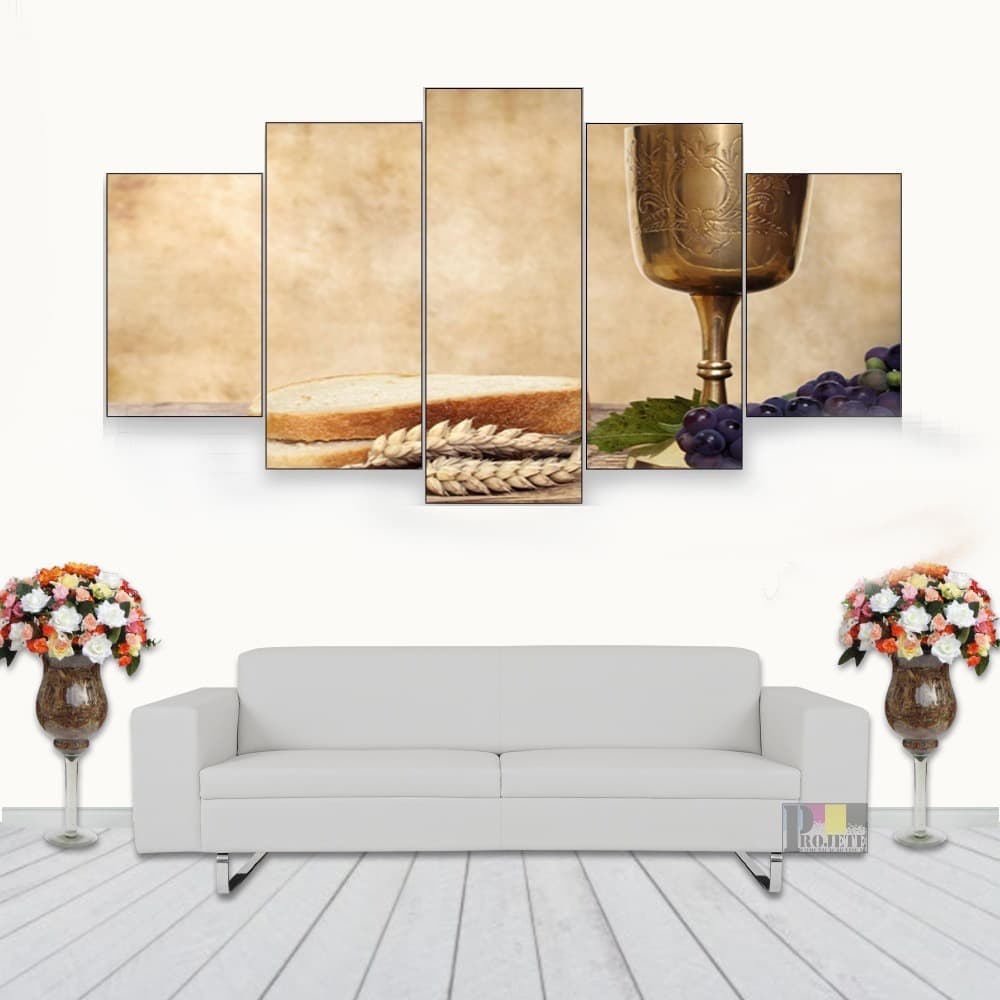 Quadro Decorativo Cálice Com Pão E Trigo 115x60 5 Peças N05