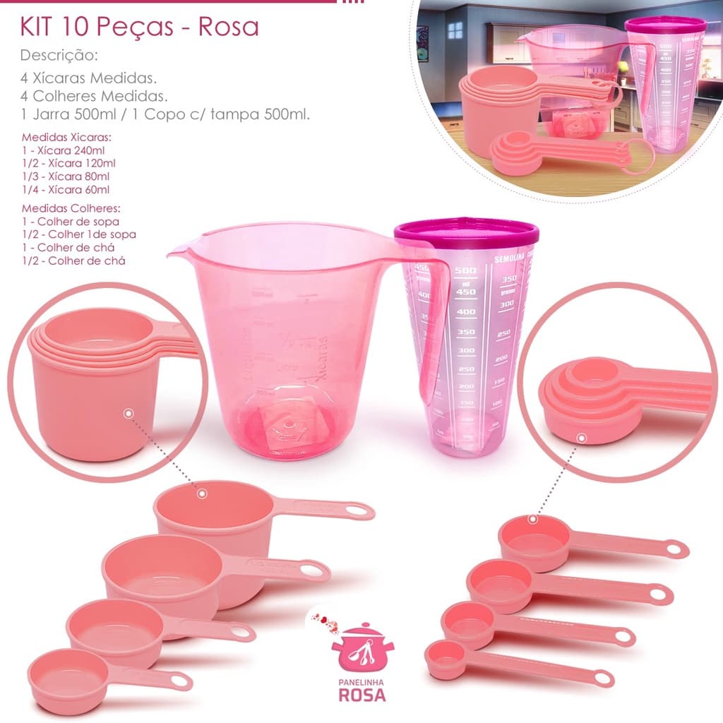 kit medidores 10 peças jarra de 500 ml copo de 500 ml com tampa xicara e colher  na cor rosa casa e cozinha