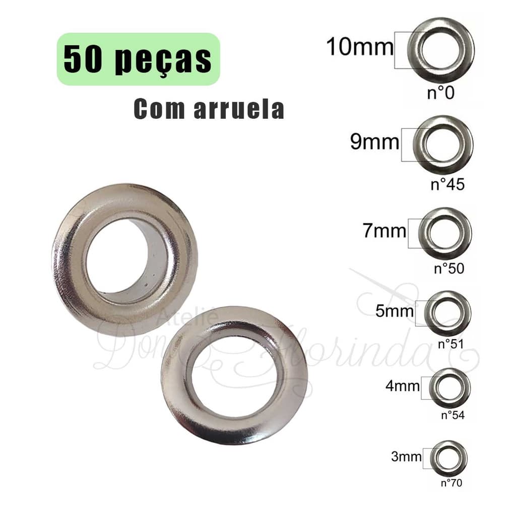 50unid Ilhós COM Arruela Níquel 0 - 45 - 50 - 51 - 54 - 70