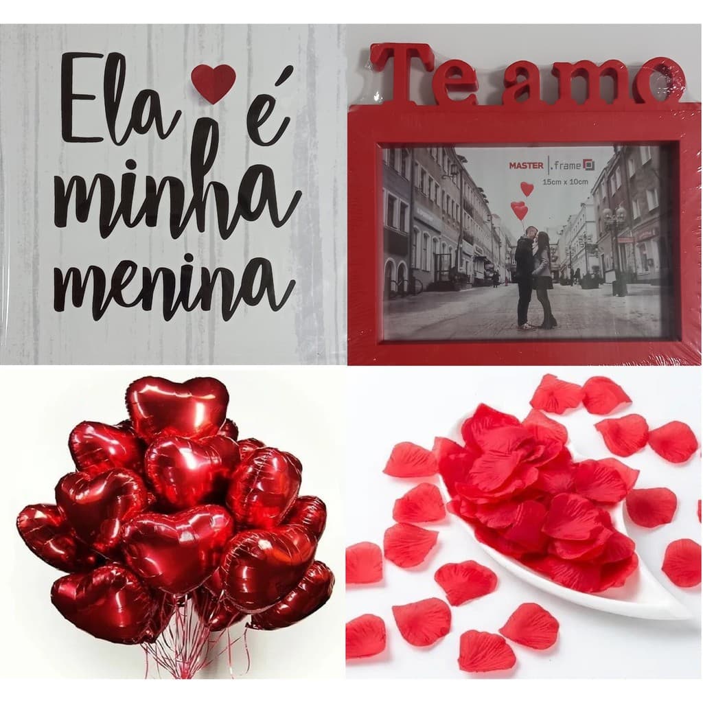 Kit Romântico Porta Retrato + 300 Pétalas Rosa + 06 Balão Coração + 08 Velas Rechaud + Placa MDF Menina