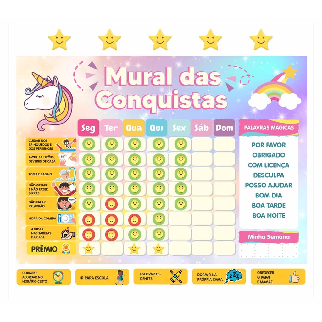 Quadro De Rotina Diária Infantil Tema Unicórnio Incentivo para Atividades Menina mural de conquistas