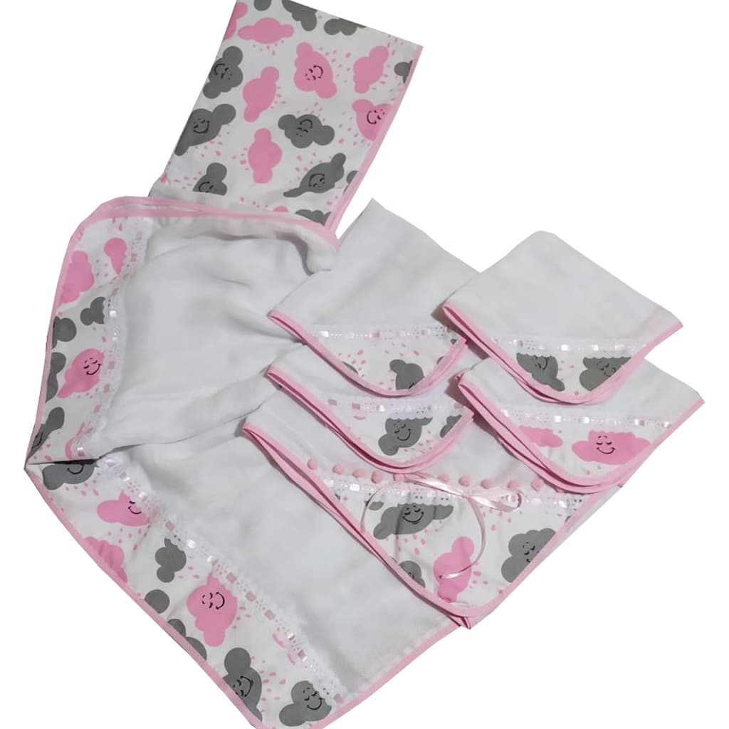 Kit Saída Maternidade com 1 Toalha Capuz + 4 Fraldinhas Pano de Boca + 1 Manta Fralda 100% Algodão