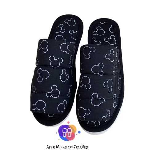 Pantufa Chinelo De Quarto unissex com estampa de Minnie PRETA ABERTO, Em Tecido Malha, Solado Flexível, Conforto para Casa ou Maternidade- estampada