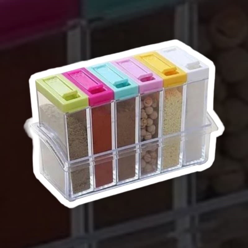 Kit porta condimentos e temperos organizador, box com 6 potes de acrílico, 6 em 1,com tampas coloridas