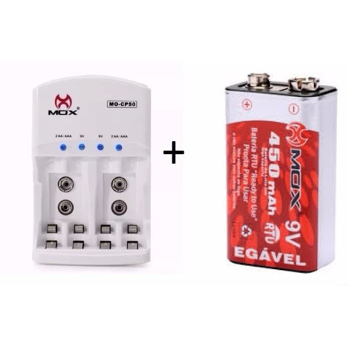 Kit Carregador Mox Cp50 + Bateria 9v Recarregável 450Mah Mox
