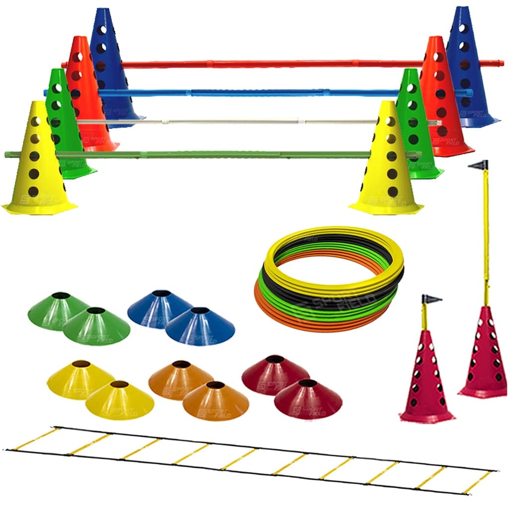 Kit 10 Cones C/ 5 Barreiras + 10 Pratos Funcionais + 12 Argolas Agilidade Com Bolsa + Escada Funcional Ajustável