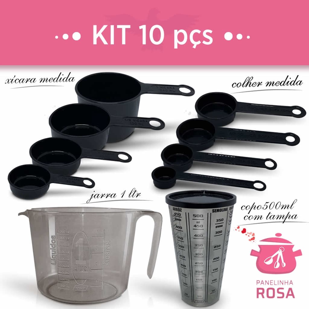 kit ou Conjunto de medidores completos e funcionais na cor preta jarra 1 litro copo de 500 ml  com tampa xicara e colher