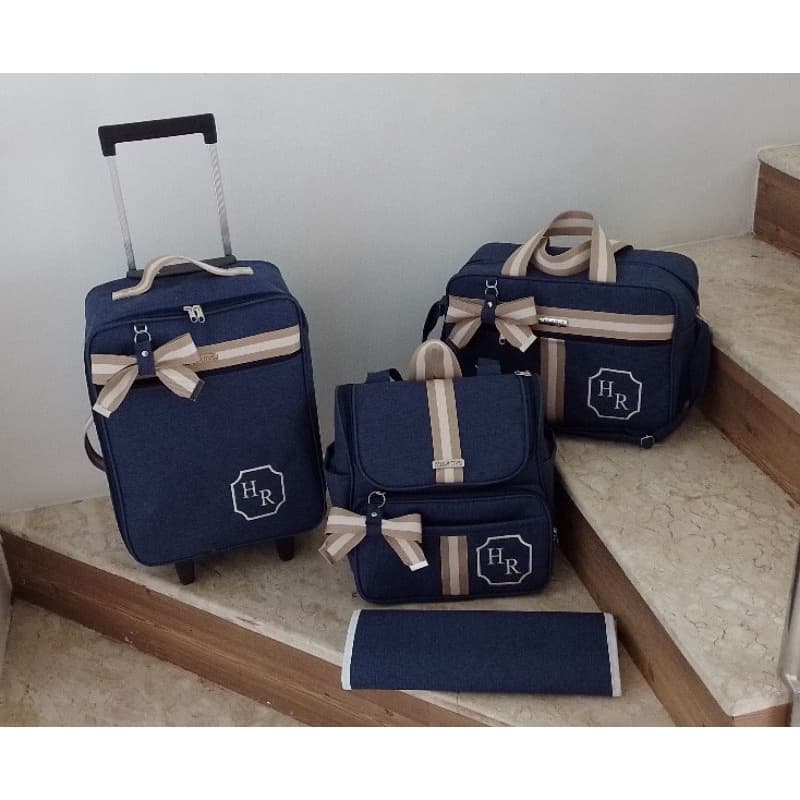 kit de bolsas de maternidade com mala, bolsa, mochila 2 em 1, trocador azul marinho e bege listrado