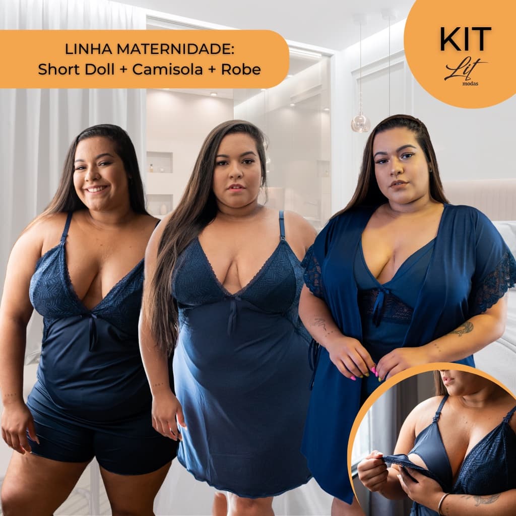 KIT 3 Peças - Robe, Camisola e Short Doll Plus Size Amamentação 50 52 54 56 58 Confortável com Renda Pós-parto LIT MODAS