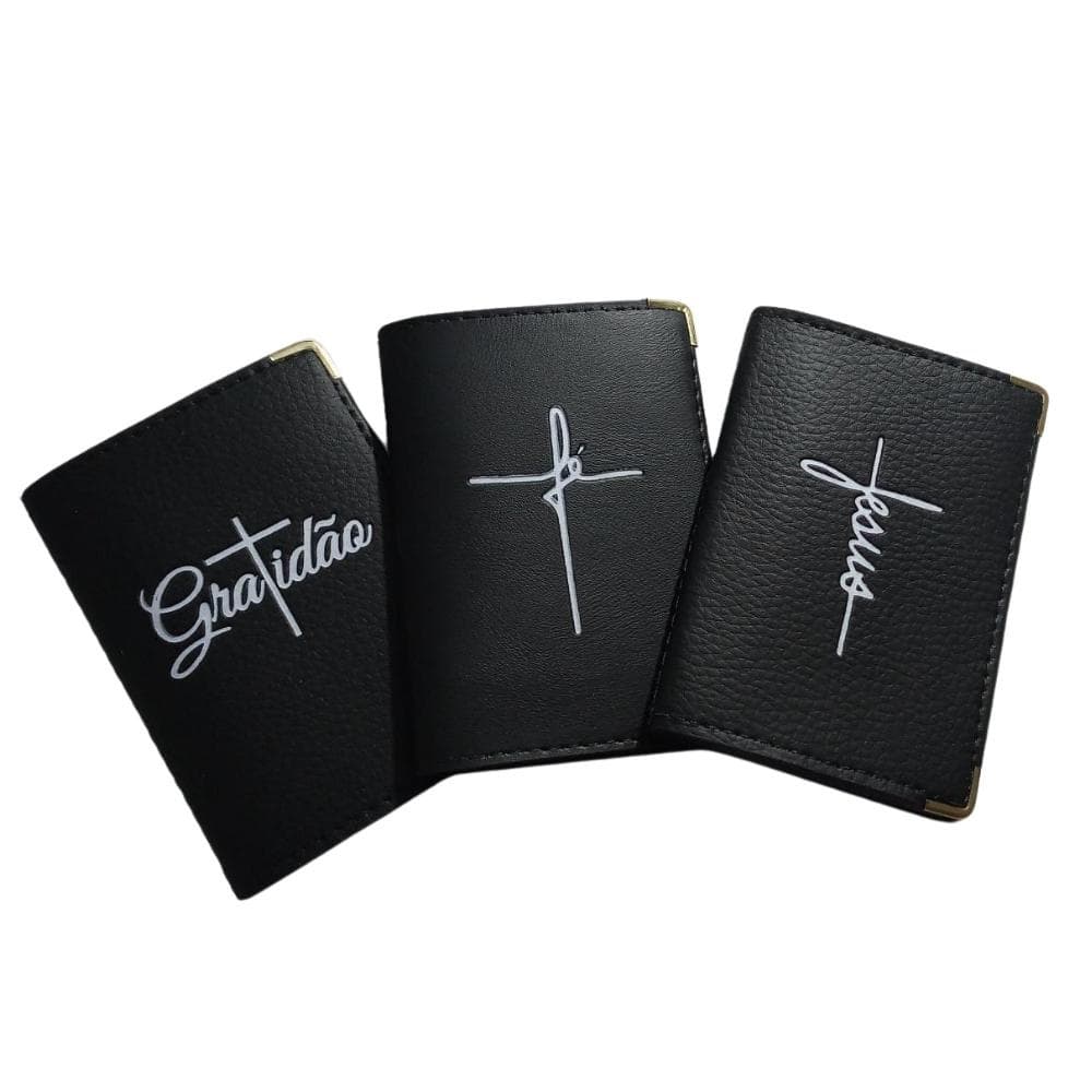 Carteira Porta Documento Couro Sintético Compacta | Capa Preta - Fé, Gratidão ou Jesus