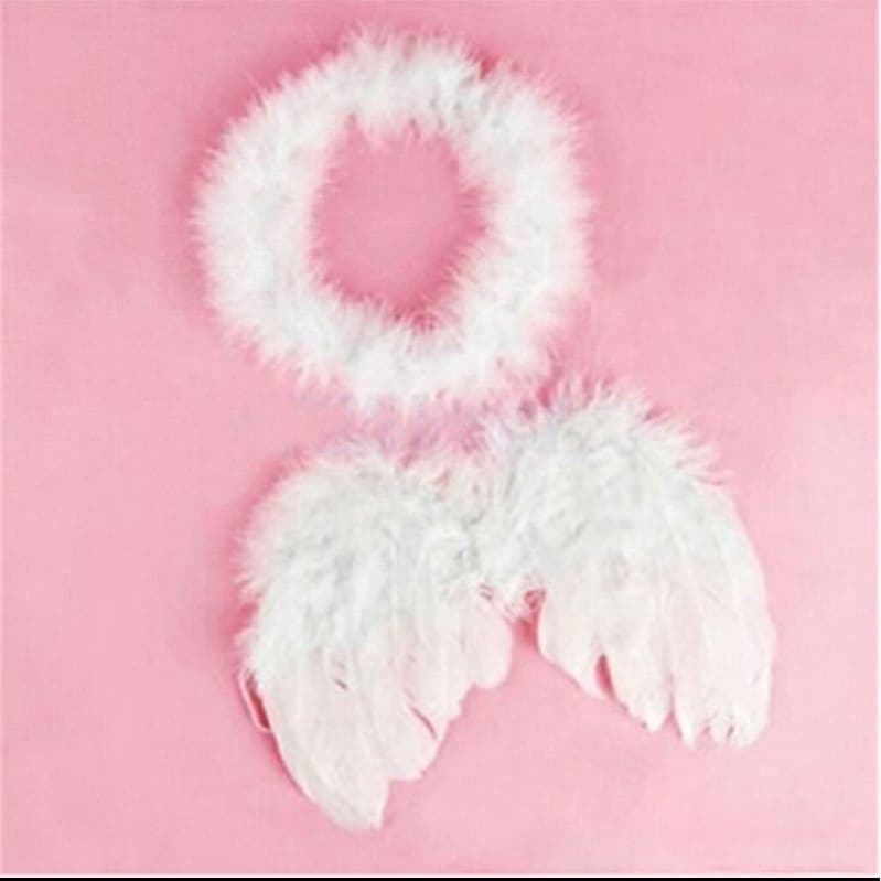 kit Asa de Anjo c/ auréola penas naturais cor branco asinha de anjo fantasia ensaio fotográfico Newborn Mesversario acom