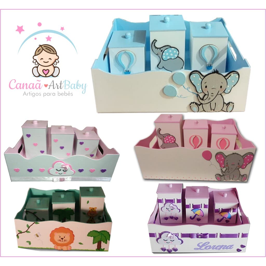 Kit Higiene para bebê MDF Cesta com 3 potes COM NOME organizador MDF