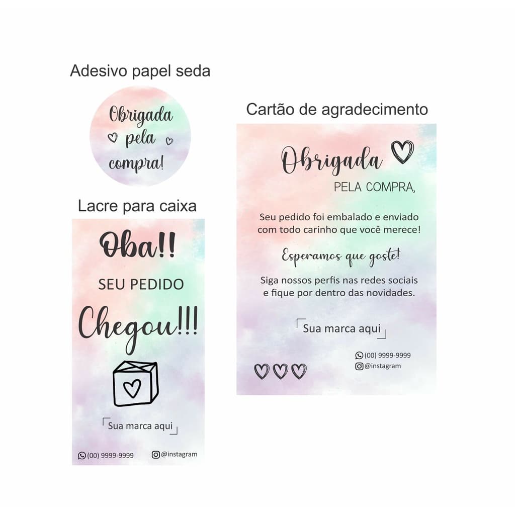 Kit cartão de agradecimento ao cliente, lacre caixa e adesivo papel seda- 50un