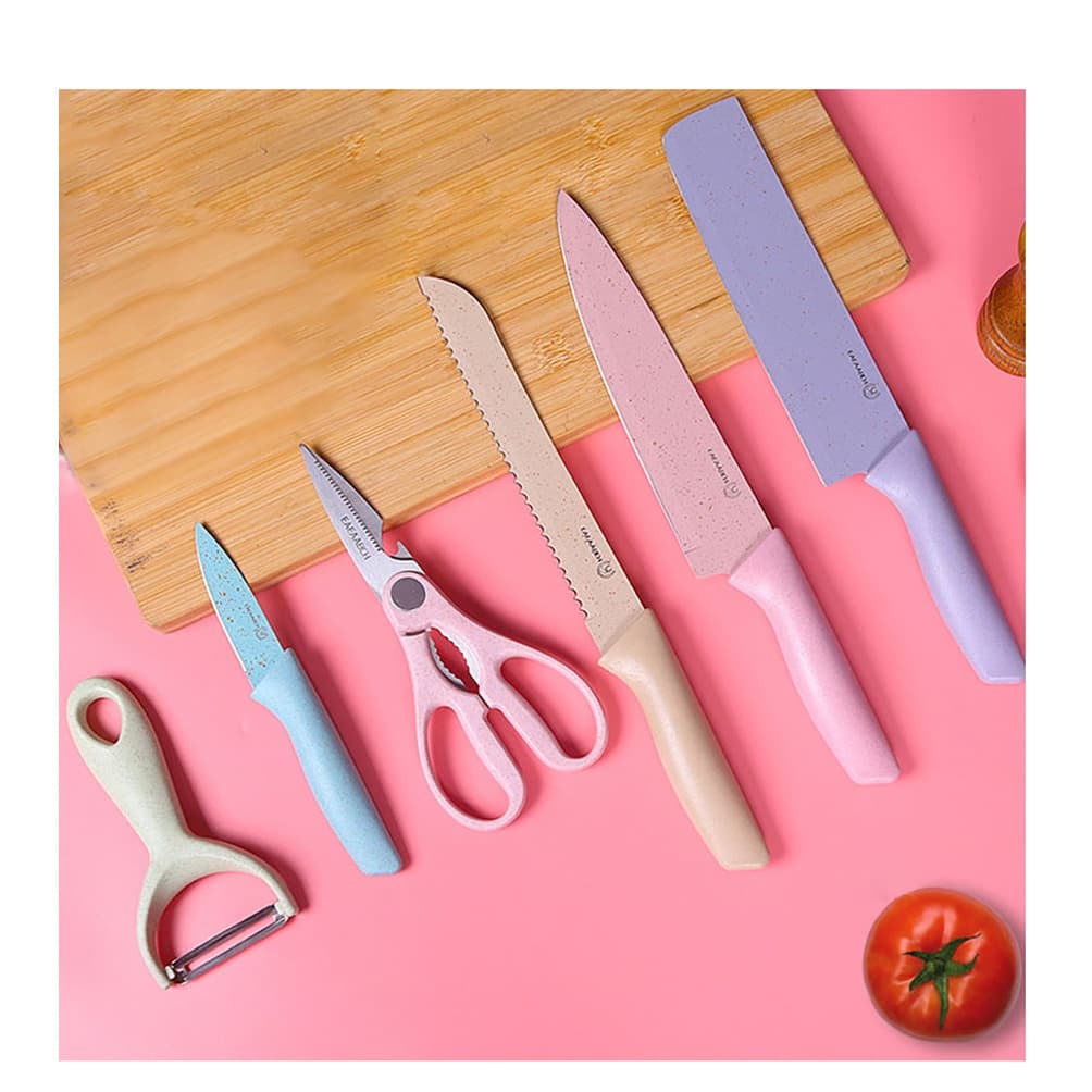 Conjunto 6 Peçs Colorido Faca Chef Cozinha Descascador Aço Inoxidável Lâminas Alta Qualidade Durável