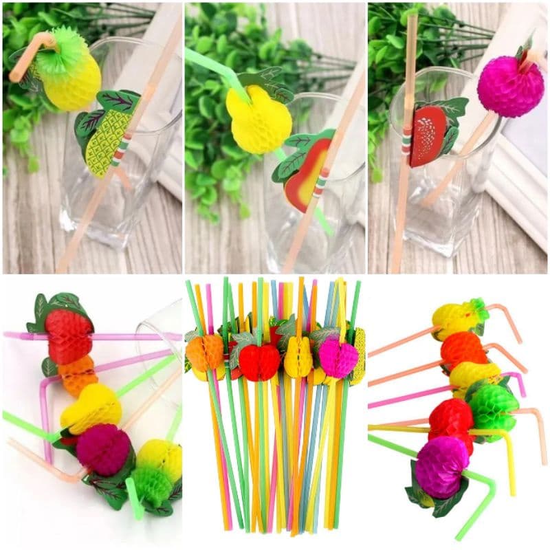 Canudo Colorido Com Frutas para Drinks Festas 12 UNIDADES Canudo Flexível Frutas Festa Tropical Flamingo