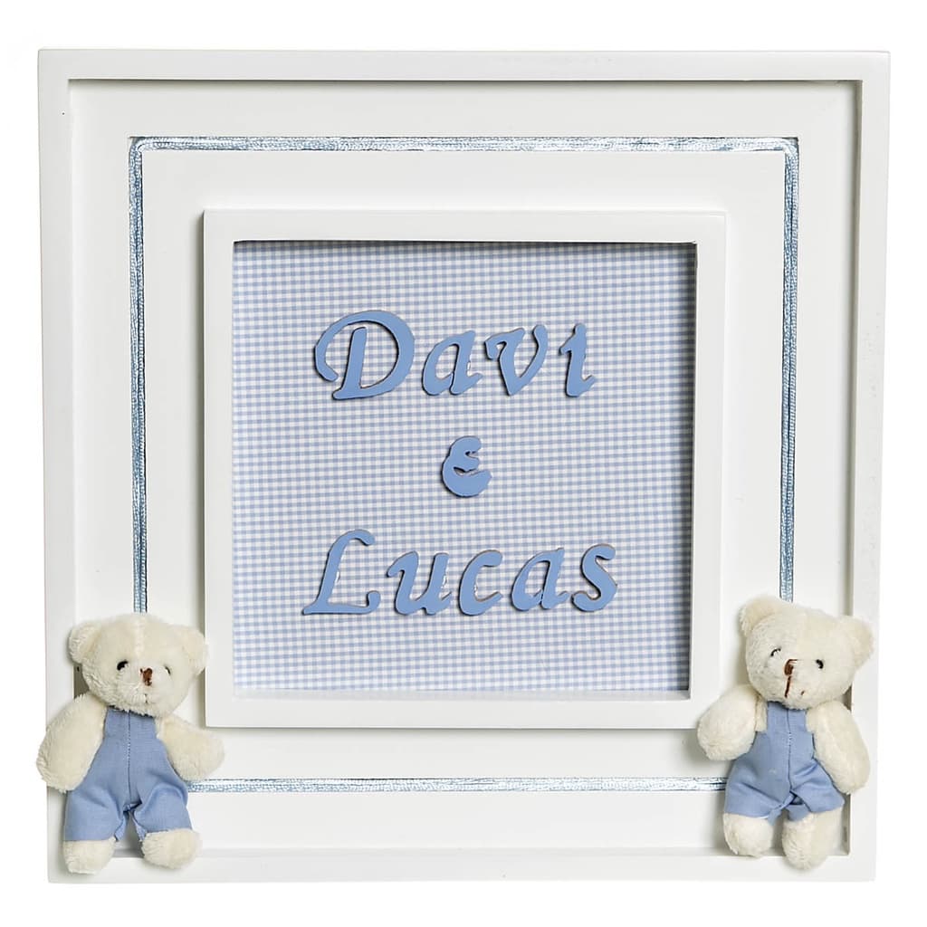 Quadrinho/ Porta Maternidade Azul C/ Nomes Ursinhos Gêmeos