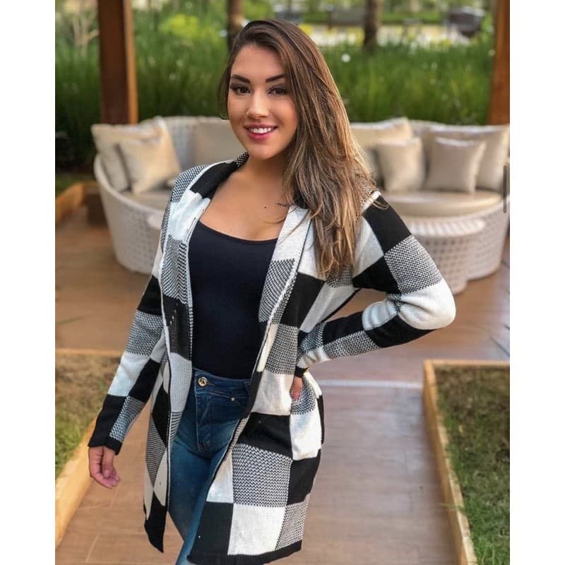 Kimono Trico Feminino Blusa Cardigan Xadrez  Manga Longa Tricot