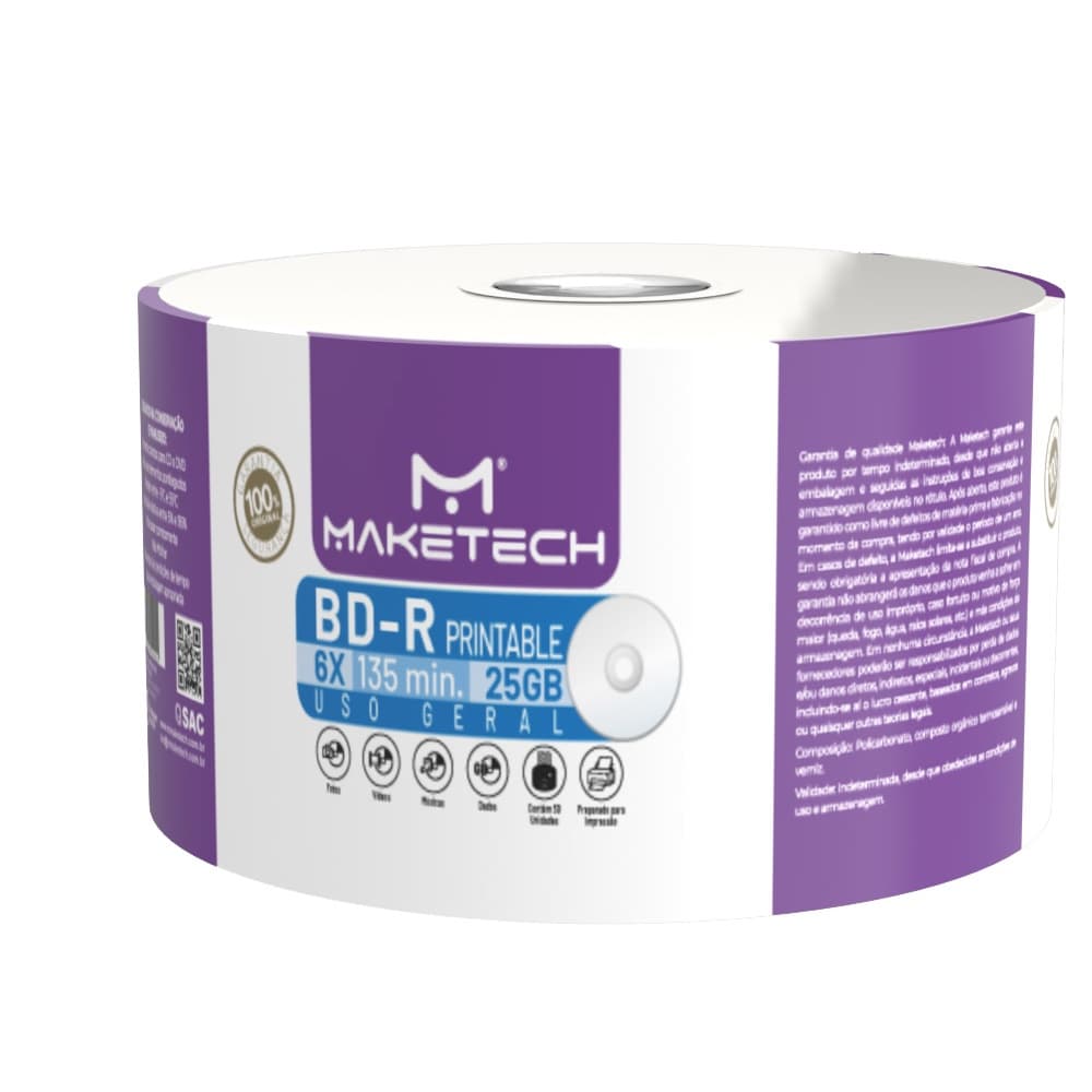50 Un Bluray Maketech Printable 25 Gb 135 Minutos 6x Escura