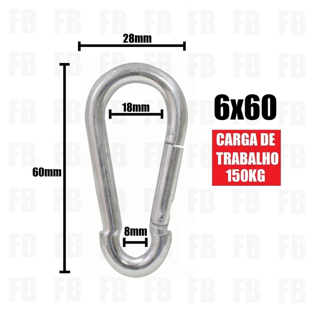 Mosquetão 6x60 aço galvanizado suporta 120kg