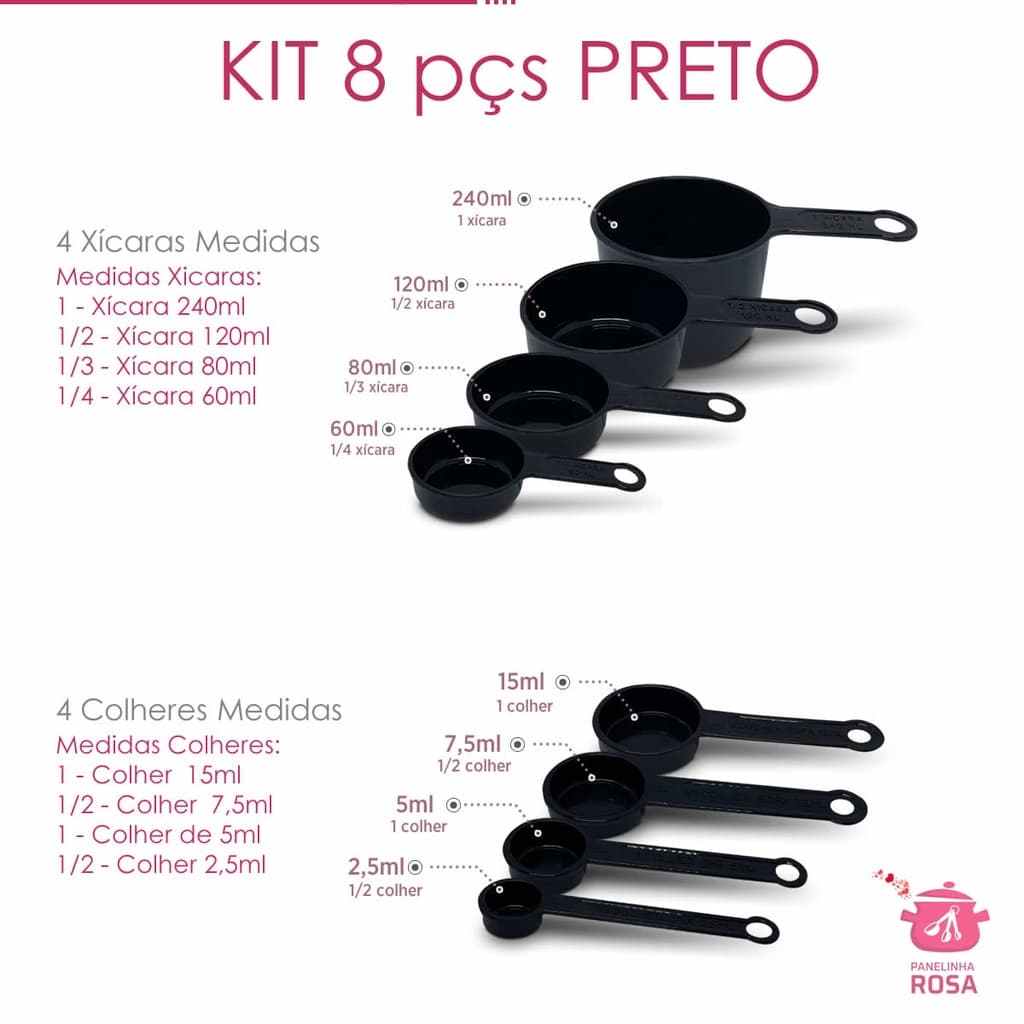conjunto de Medidores xicaras e colheres preto  - 8 peças