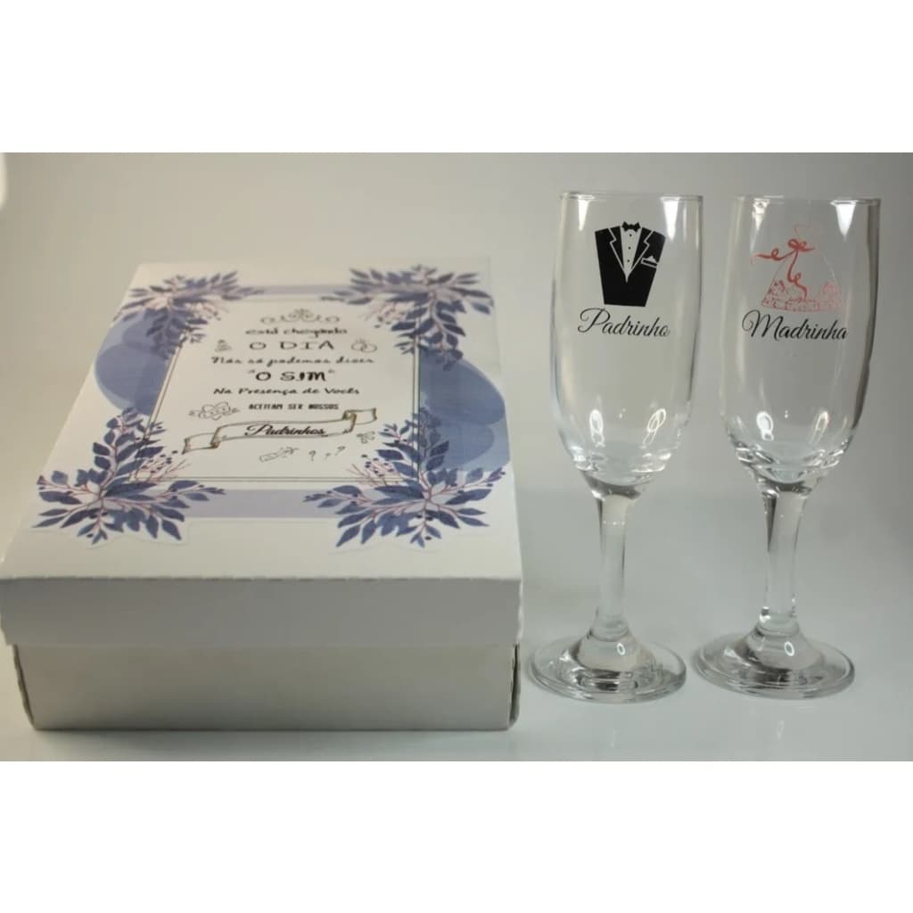 Casamento Convite Padrinhos O Sim 2 Taças Vidro Azul Flores