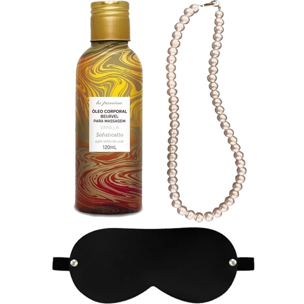 Kit Óleo Massagem Tântrica Com Tapa Olho E Colar Sensual
