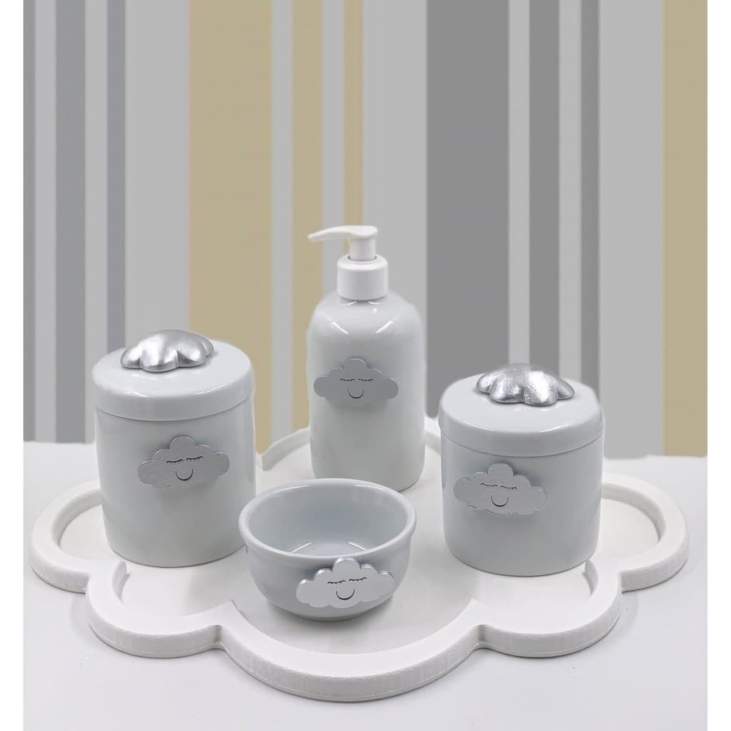 Kit Higiene Bebê Porcelana Nuvem Azul Rosa Prata Marinho 5 Peças