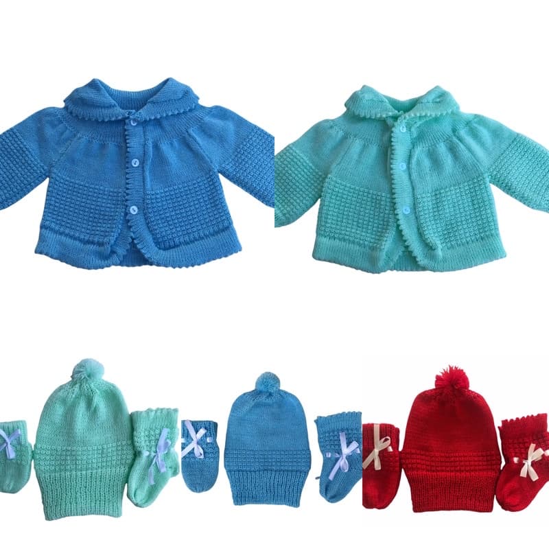 2 Casacos e 3 Kits de Touca, Luva e Sapato Menino Masculino Tricô Bebê