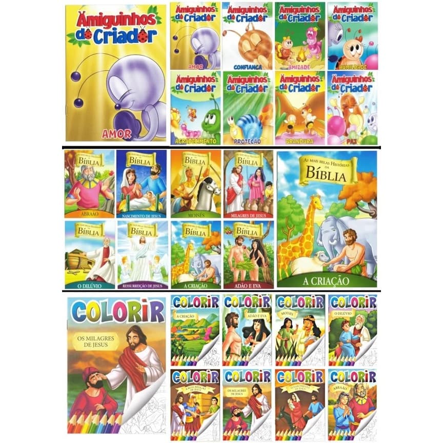 Kit Com 24 Livros Biblicos Infantil 16 Ler E 8 Pintar Colorir