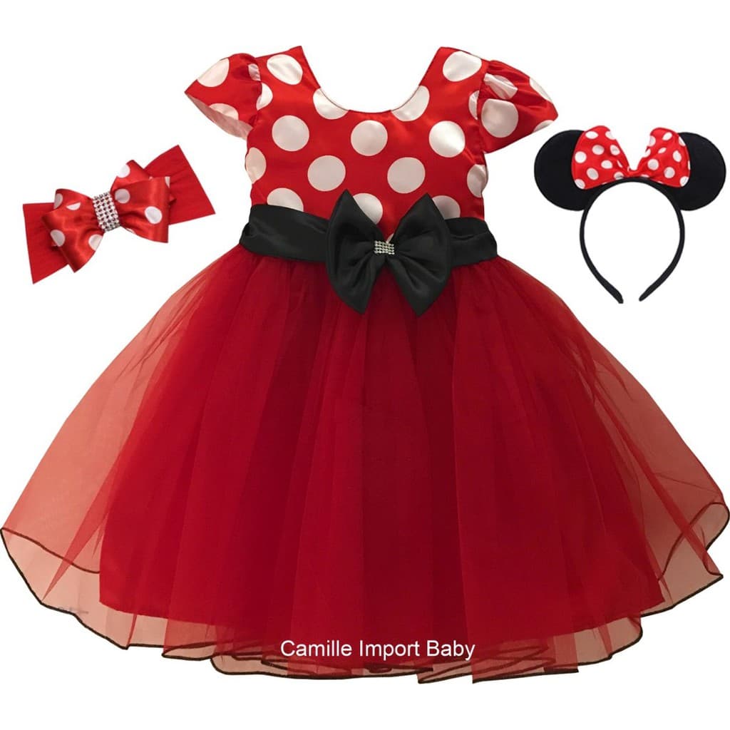 Vestido Infantil Festa Luxo Minnie Vermelha Poá E 2 Tiaras