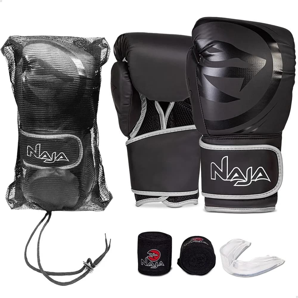 Kit  Completo Luva de Boxe Naja Black /Luva de Muay Thai Naja + Bandagem + Protetor Bucal  +  Bolsa