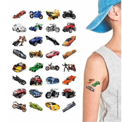 Tatuagem Temporária Infantil SUPER CARROS cartela com 32 tatuagens certificadas pelo INMETRO