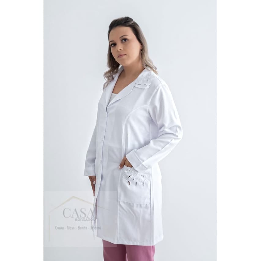 Jaleco Feminino Branco Bordado Tecido Microfibra 927  - ÓTIMA QUALIDADE