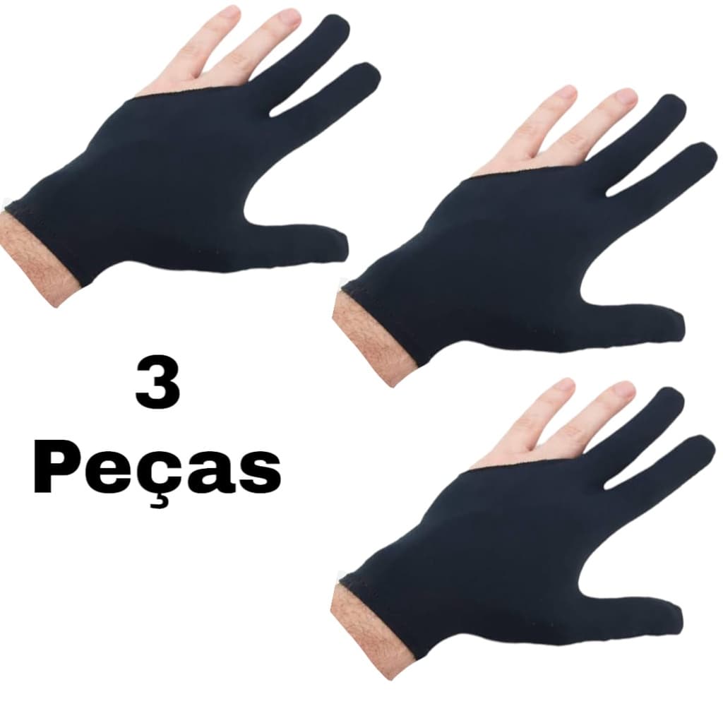 Luva para Taco de Sinuca Snooker Bilhar Lycra 3 Dedos Preta - Kit 3 Peças
