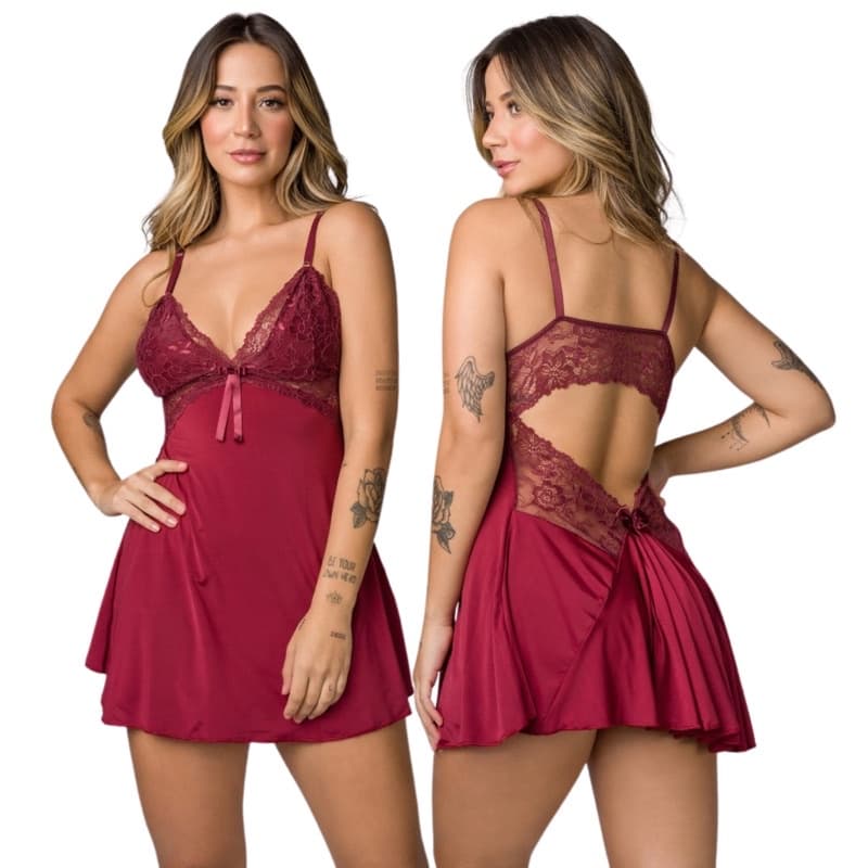 Camisola Sexy Feminina Renda Sensual  Linha Noite Lingerie  +  Calcinha Regulável