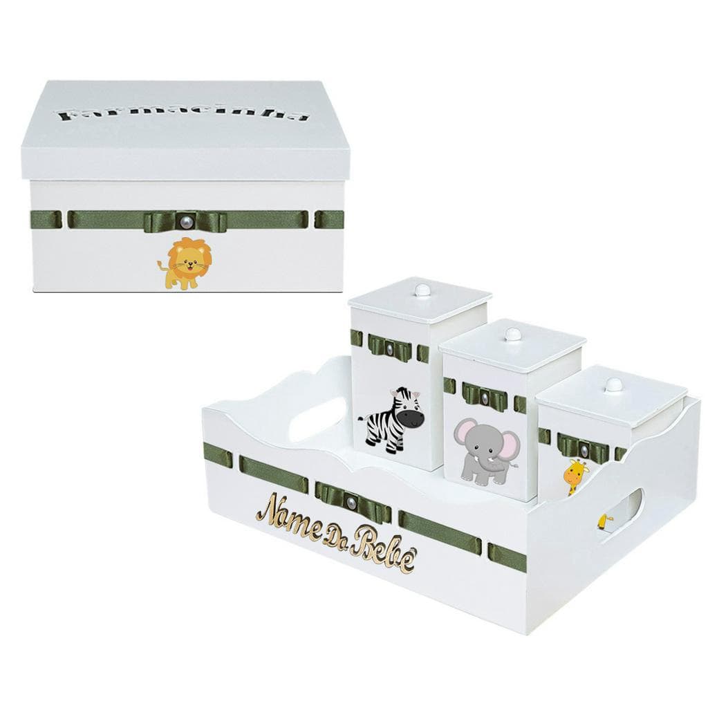 Kit Higiene Branco Tema Safari com cesta Trio de Potes e Farmacinha Personalizado FV