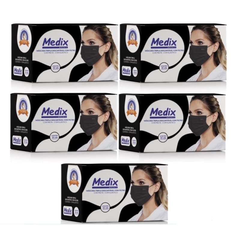 Kit Máscara Tripla Medix c/ Filtro (bfe 95%) Medix c/50 Preta - 5 Unidades